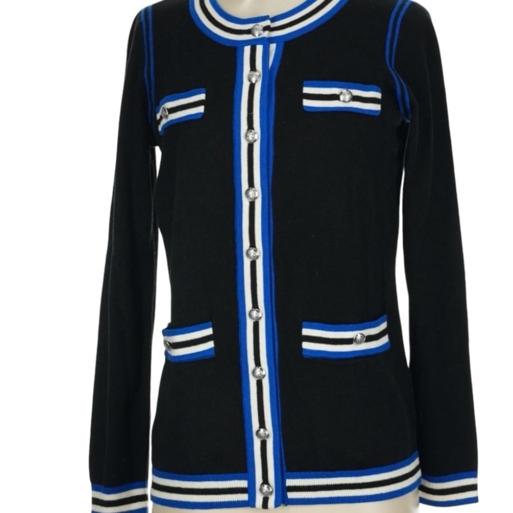 Talbots Black Cardigan with Blue/White Stripes, P2P:19”, L:26.5” - Picture 2 of 10